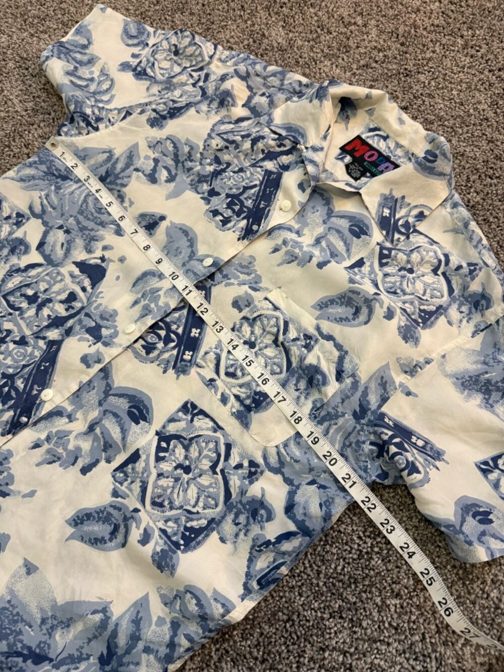 Vintage MODA Beda Kota 100% Silk Hawaiian Shirt – Blue & White Floral Tile – M - Picture 5 of 9